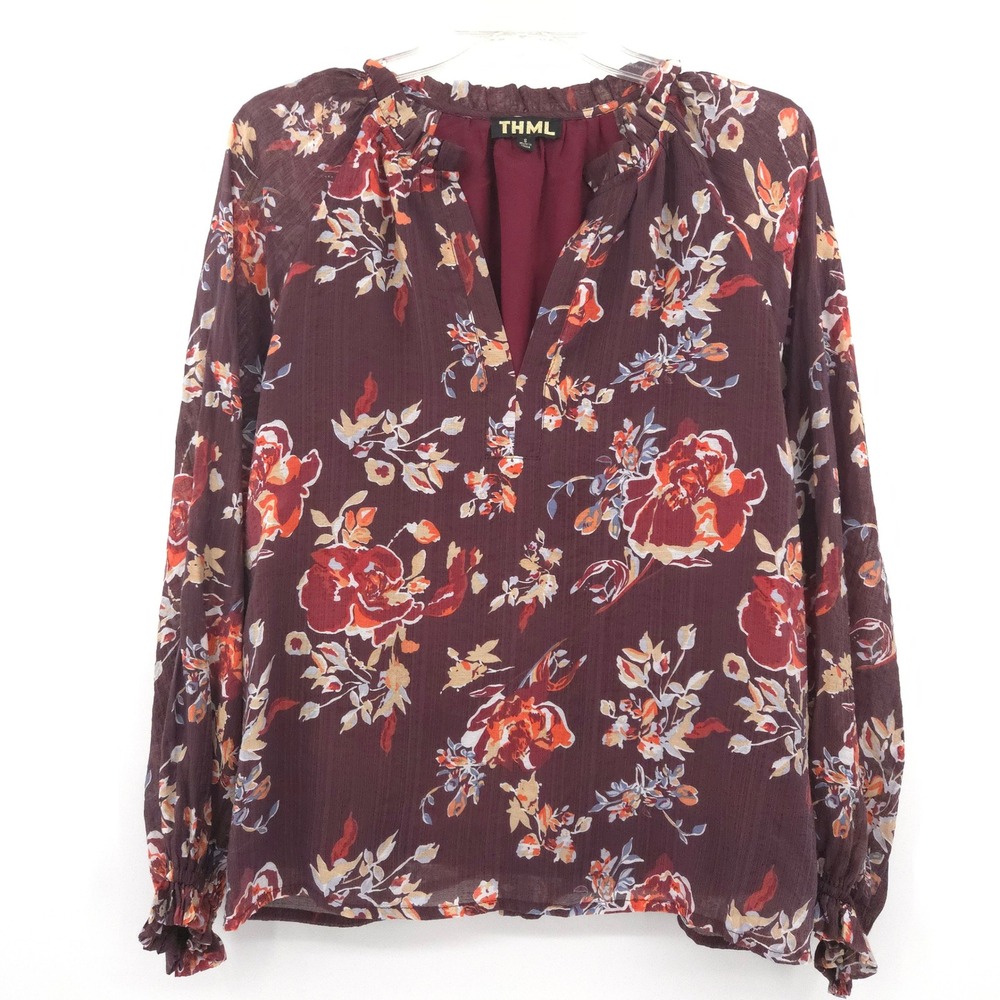 THML Floral Blouse Women S Burgundy Long Sleeve Ruffle Neck peasant boho